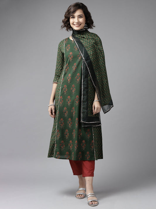 Women Green Floral Printed Kurta Trouser With Hand Made Dupatta Set