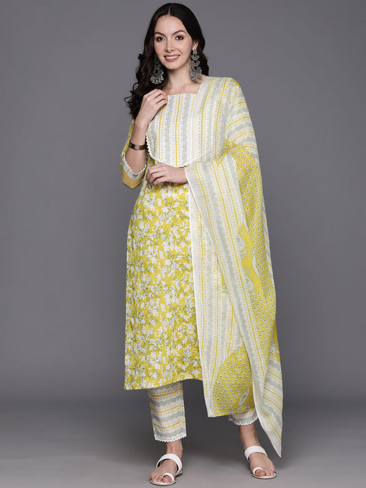 Women Green Printed Straight Kurta Trousers With Dupatta Set