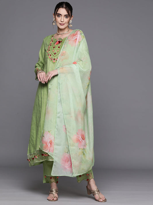 Women Green Embroidered A-Line Kurta Trousers With Dupatta Set