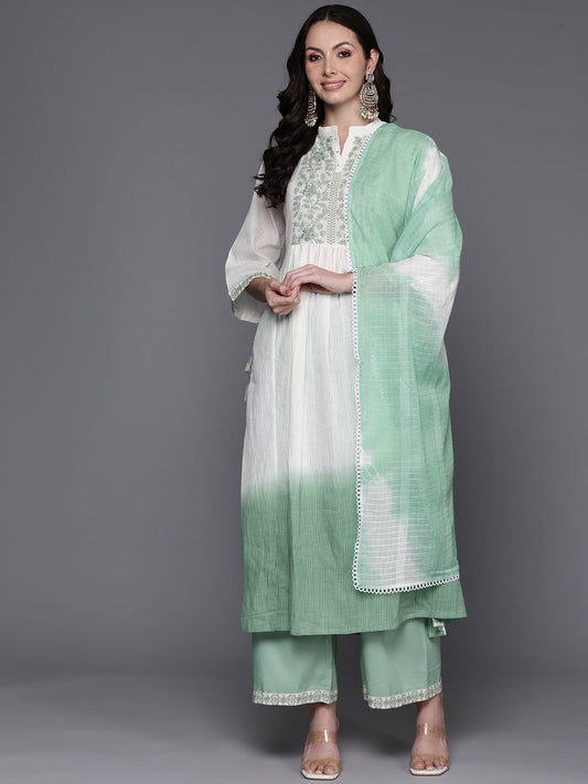 Women Green Embroidered A-Line Kurta Trousers With Dupatta Set