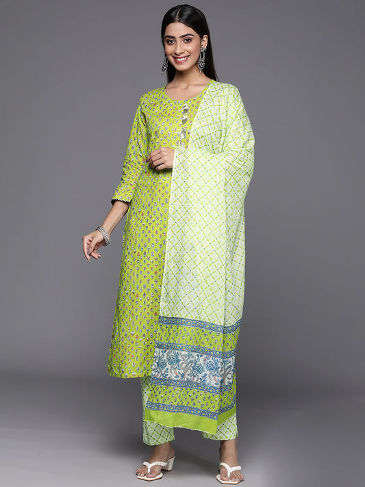 Women Green Printed Straight Kurta Trousers With Dupatta Set