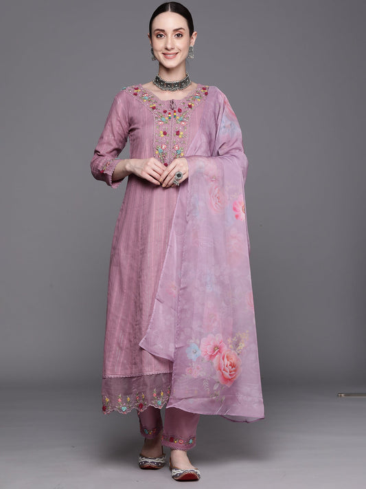 Women Lavender Embroidered A-Line Kurta Trousers With Dupatta Set