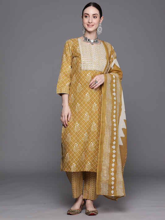 Women Mustard Printed Straight Kurta Trousers With Dupatta Set