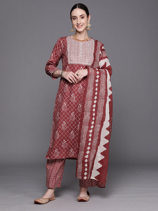 Women Mauve Printed Straight Kurta Trousers With Dupatta Set