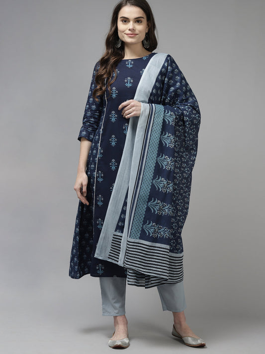 Women Navy Blue Printed A-Line Kurta Trouser With Dupatta Set