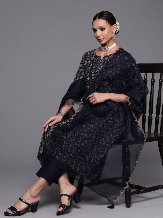 Women Navy Blue Foil Printed A-Line Kurta Trouser With Dupatta Set