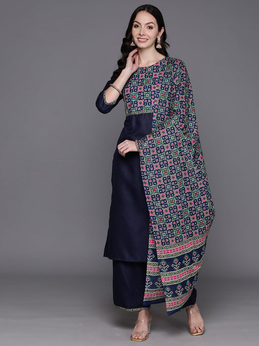 Women Navy Blue Printed Straight Kurta Palazzos With Dupatta Set