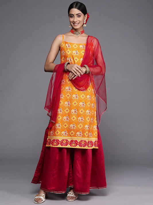 Women Orange Printed Straight Kurta Sharara With Dupatta Set