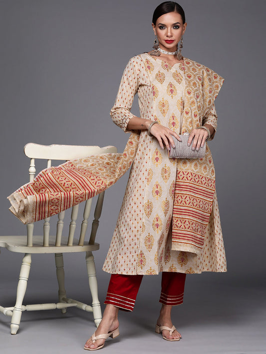 Women Off White Printed A-Line Kurta Trouser With Dupatta Set