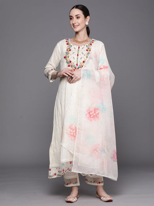 Women Off White Embroidered A-Line Kurta Trousers With Dupatta Set