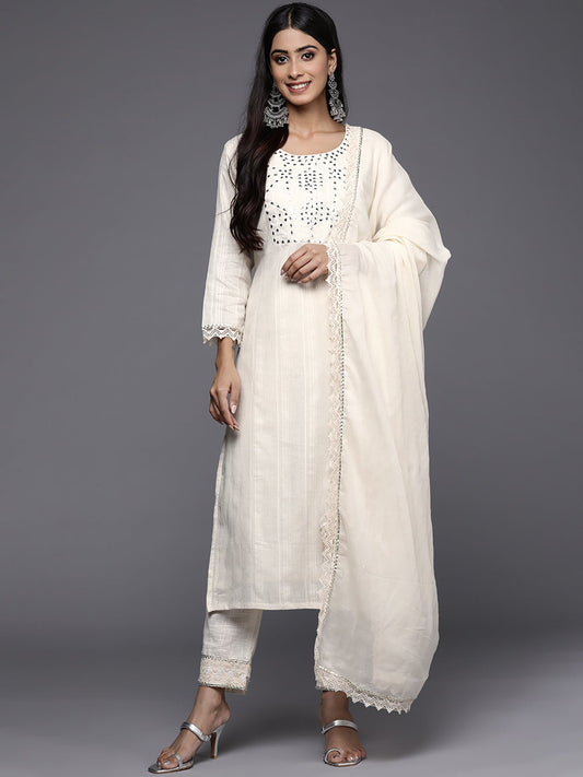 Women Off White Embroidered Straight Kurta Trousers With Dupatta Set