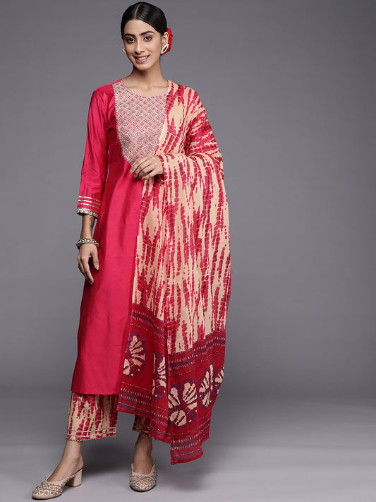 Women Pink Tie & Dye A-Line Kurta Palazzo With Dupatta Set