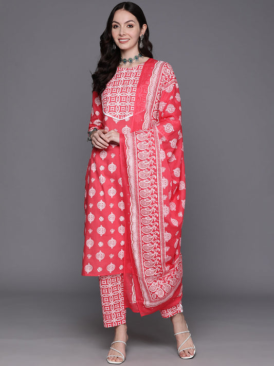 Women Pink Printed Straight Kurta Trousers With Dupatta Set