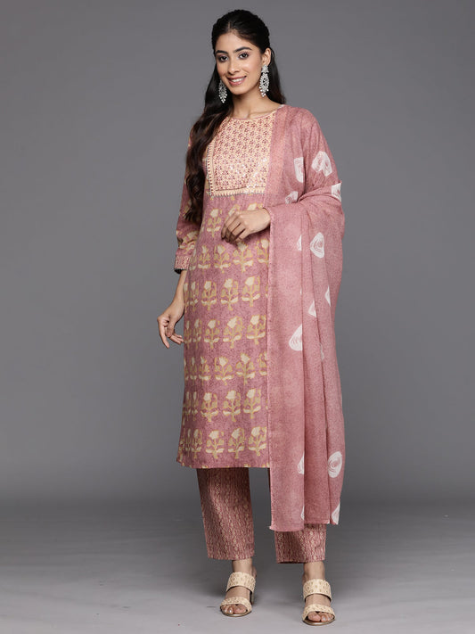 Women Pink Printed Straight Kurta Trousers With Dupatta Set