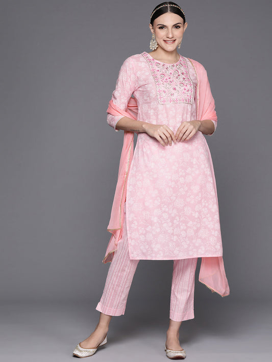 Women Pink Embroidered Straight Kurta Trousers With Dupatta Set