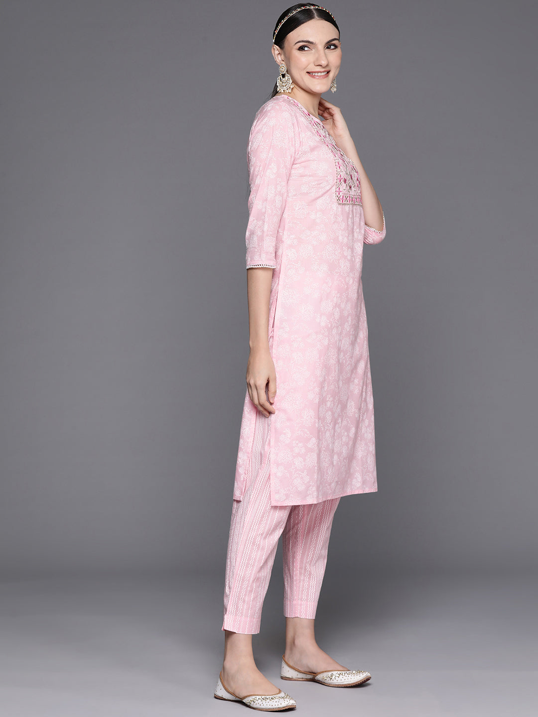 Women Pink Embroidered Straight Kurta Trousers With Dupatta Set