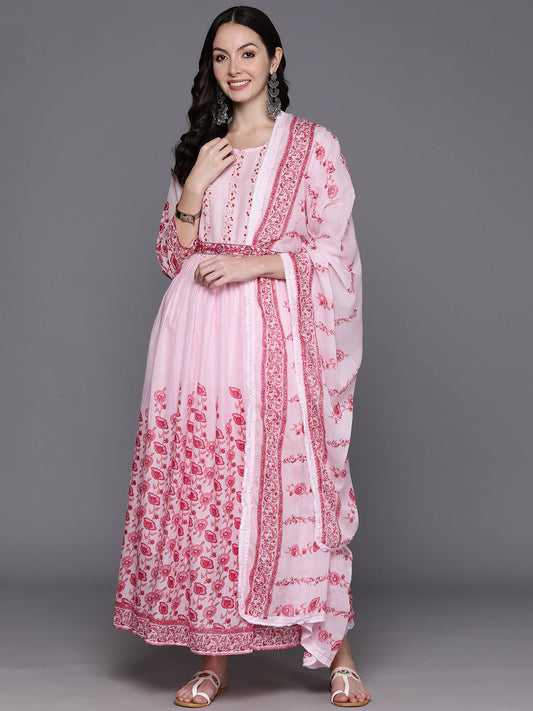 Women Pink Printed A-Line Kurta Trousers With Dupatta Set