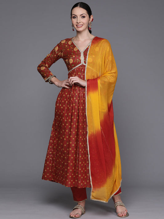 Women Red Printed A-Line Kurta Trousers With Dupatta Set