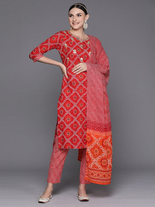 Women Red Printed Straight Kurta Trousers With Dupatta Set