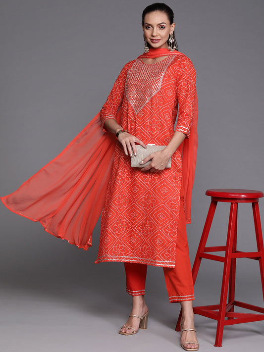 Women Red Embroidered Straight Kurta Palazzo With Dupatta Set