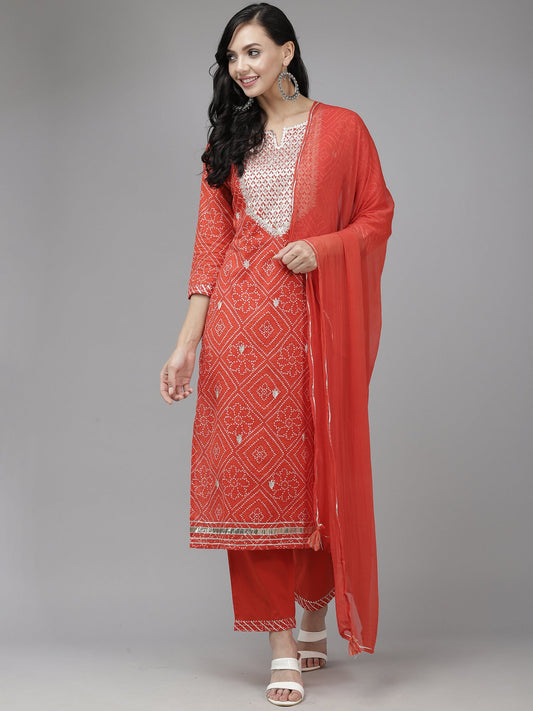 Women Red Printed Straight Kurta Palazzo With Dupatta Set