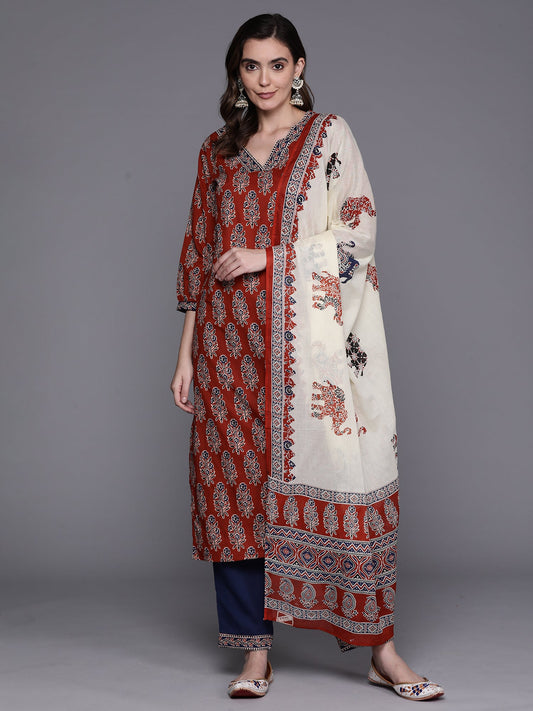 Women Rust Printed Straight Kurta Trousers With Dupatta Set