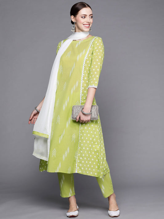 Women Sea Green Printed A-Line Kurta Trouser With Dupatta Set