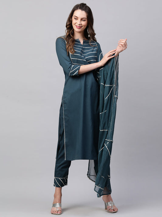 Women Teal Solid Yoke Kurta Palazzo With Hand Made Dupatta Set