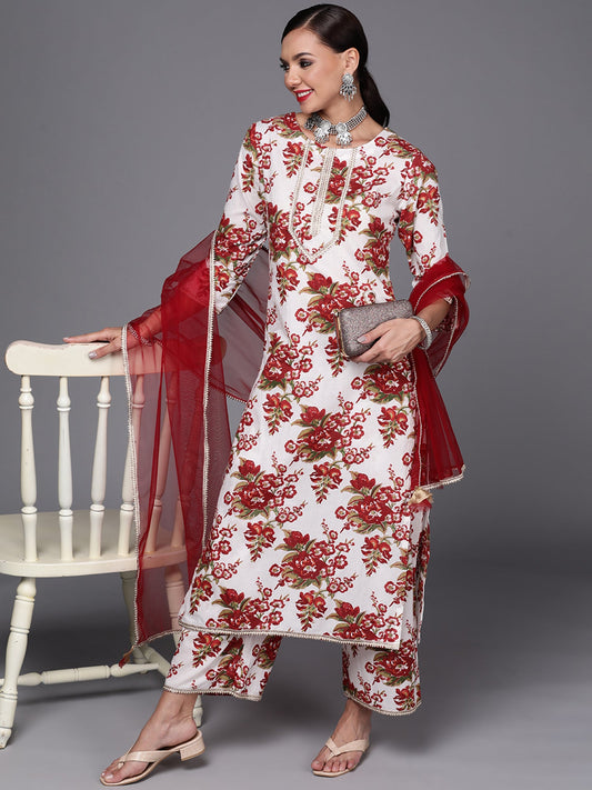 Women White Printed Straight Kurta Palazzo With Dupatta Set