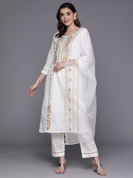 Women White Embroidered Straight  Kurta Trousers With Dupatta Set