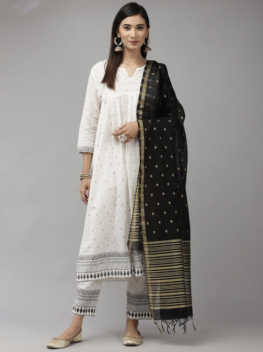 Women White Printed A-Line Kurta Trouser With Dupatta Set