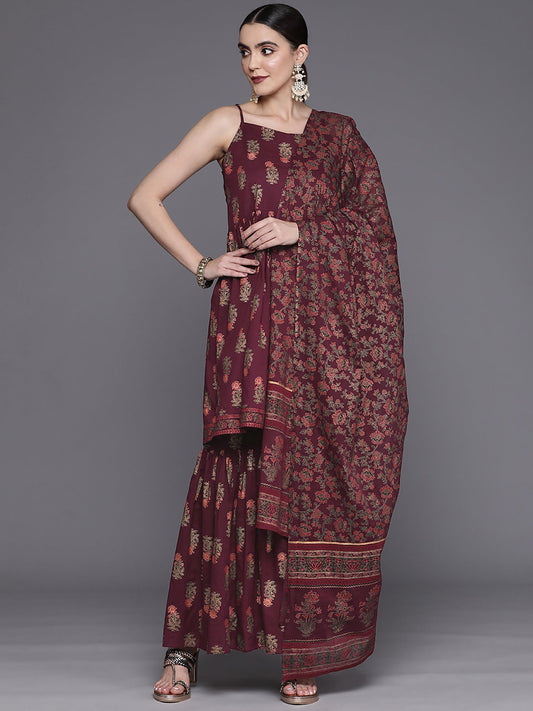 Women Wine Printed A-Line Kurta Sharara With Dupatta Set