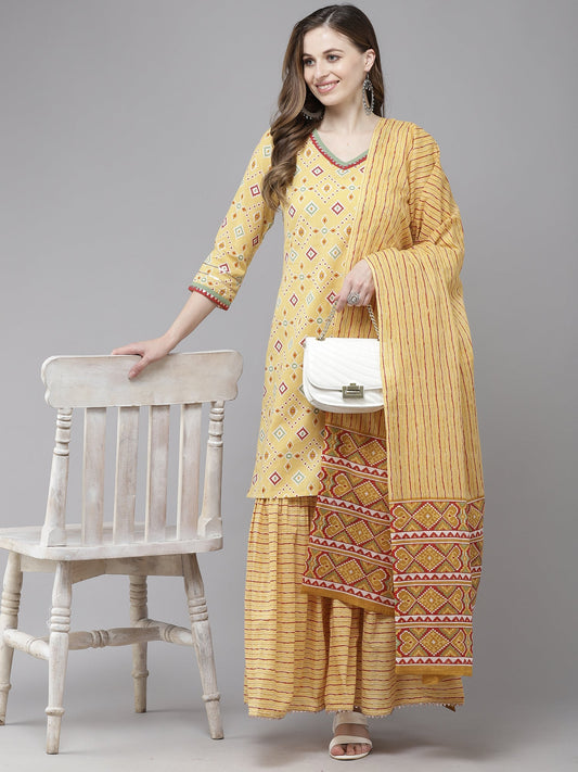 Women Yellow Printed Straight Kurta Sharara With Dupatta Set