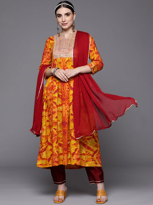 Women Yellow Tie & Dye Straight Kurta Trouser With Dupatta Set