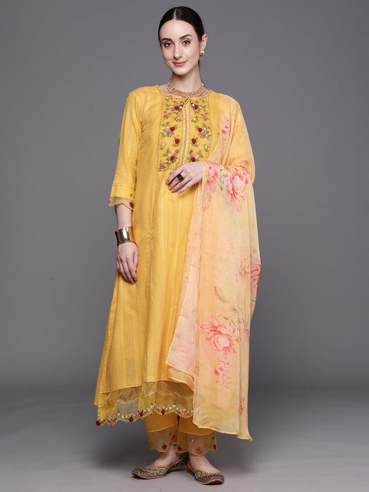 Women Yellow Embroidered A-Line Kurta Trousers With Dupatta Set