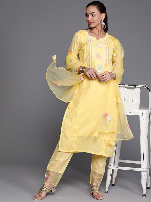 Women Yellow Floral Embroidered Straight Kurta Trouser With Dupatta Set