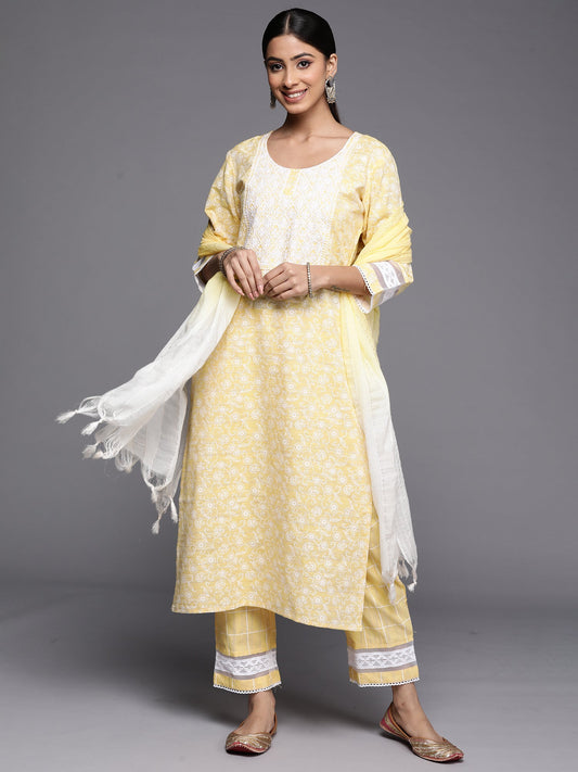 Women Yellow Embroidered Straight Kurta Trousers With Dupatta Set