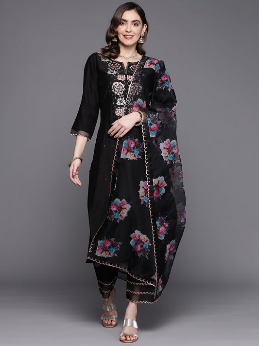 Women Black Embroidered Straight Kurta Trousers With Dupatta Set