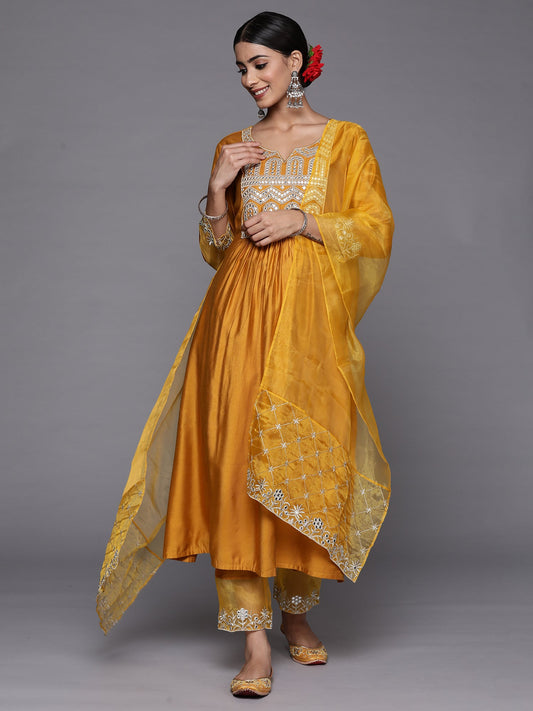 Women Mustard Embroidered Straight Kurta Trousers With Dupatta Set