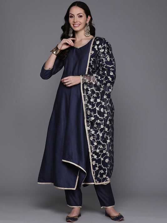 Women Navy Blue Solid A-Line Kurta Trousers With Dupatta Set