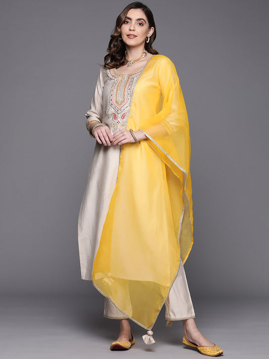 Women Off White Embroidered Straight Kurta Trousers With Dupatta Set