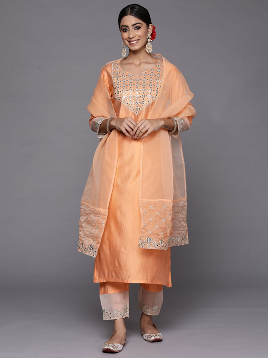 Women Peach Embroidered Straight Kurta Trousers With Dupatta Set