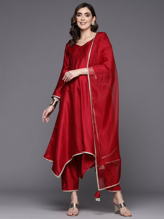 Women Red Solid A-Line Kurta Trousers With Dupatta Set