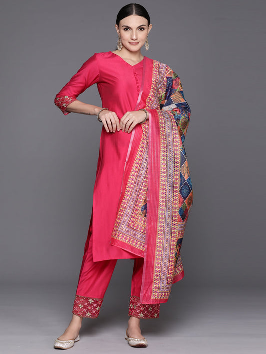 Women Pink Embroidered Straight Kurta Trousers With Dupatta Set