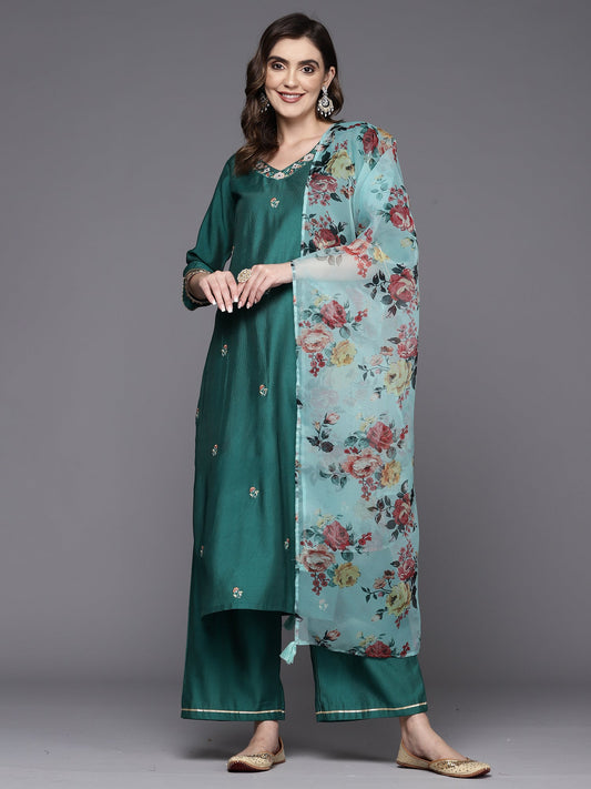 Women Teal Embroidered Straight Kurta Palazzos With Dupatta Set