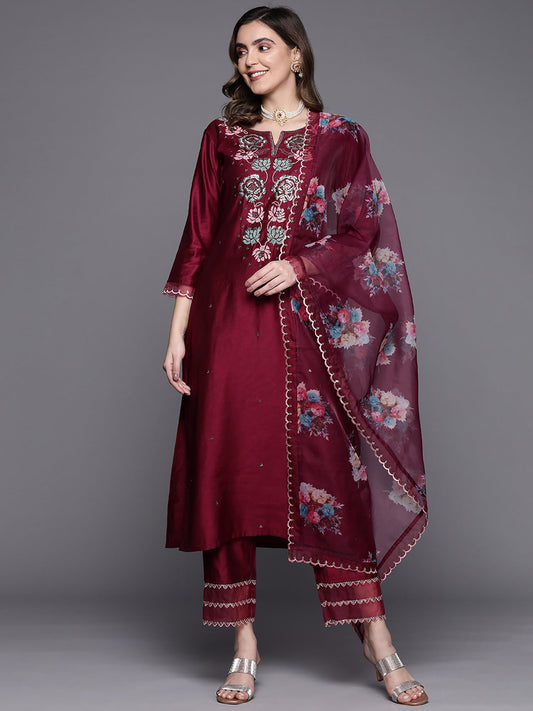 Women Wine Embroidered Straight Kurta Trousers With Dupatta Set.