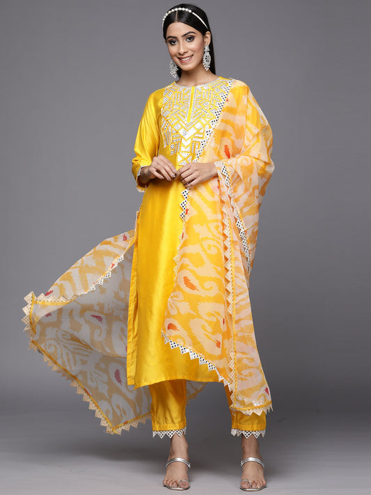 Women Kesariya Yellow Embroidered Straight Kurta Trouser With Dupatta Set