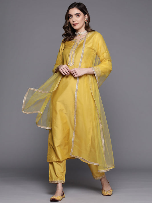 Women Yellow Embroidered Straight Kurta Trousers With Dupatta Set