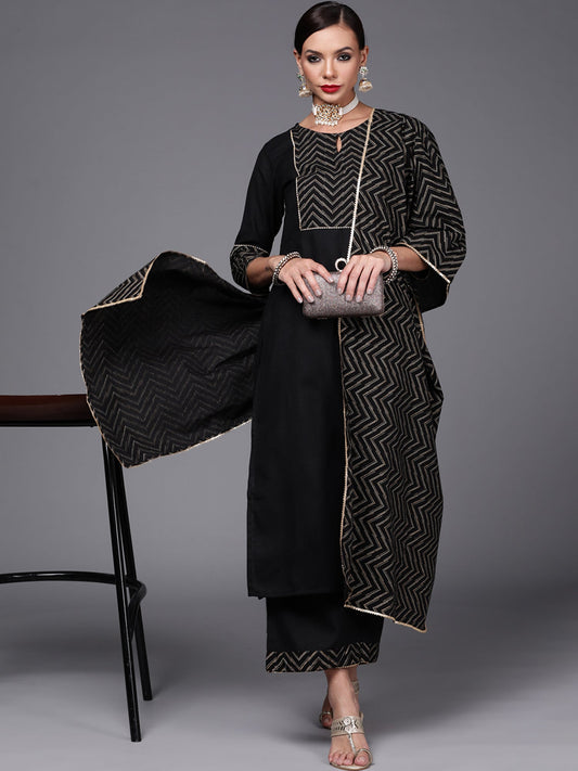 Women Black Solid Straight Kurta Palazzo With Dupatta Set