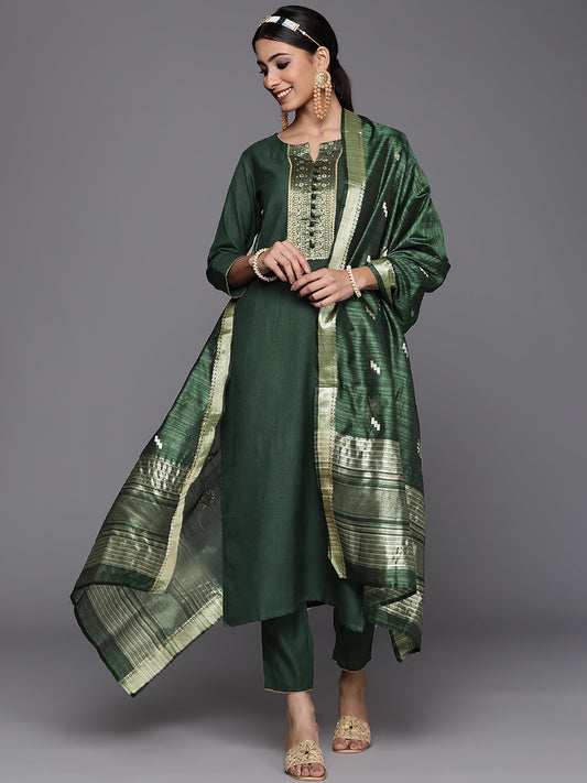 Women Green Solid Straight Kurta Palazzos With Dupatta Set